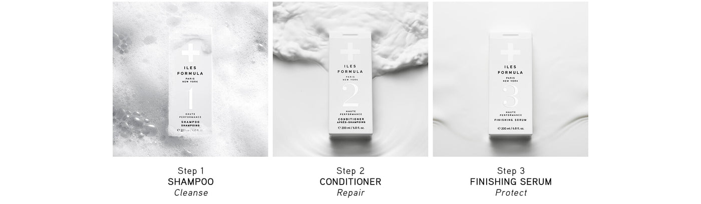 Step 1: Shampoo, Step 2: Conditioner, and Step 3: Finishing Serum